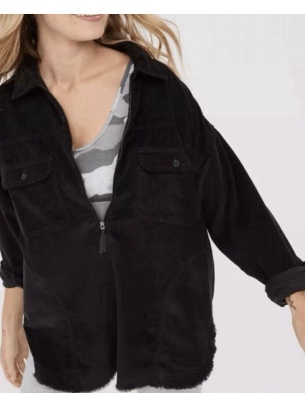 Aerie Black Corduroy 1/2 Zip Offline Shirt Womens Shacket sz XL